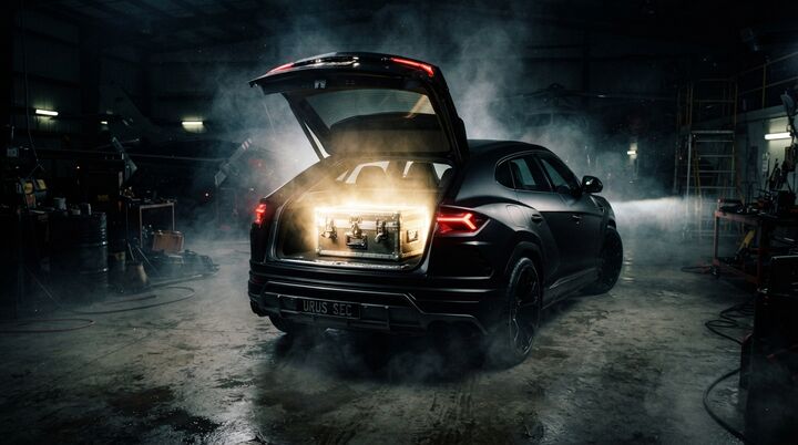 Lamborghini Urus preto com o porta-malas aberto e iluminado numa garagem escura